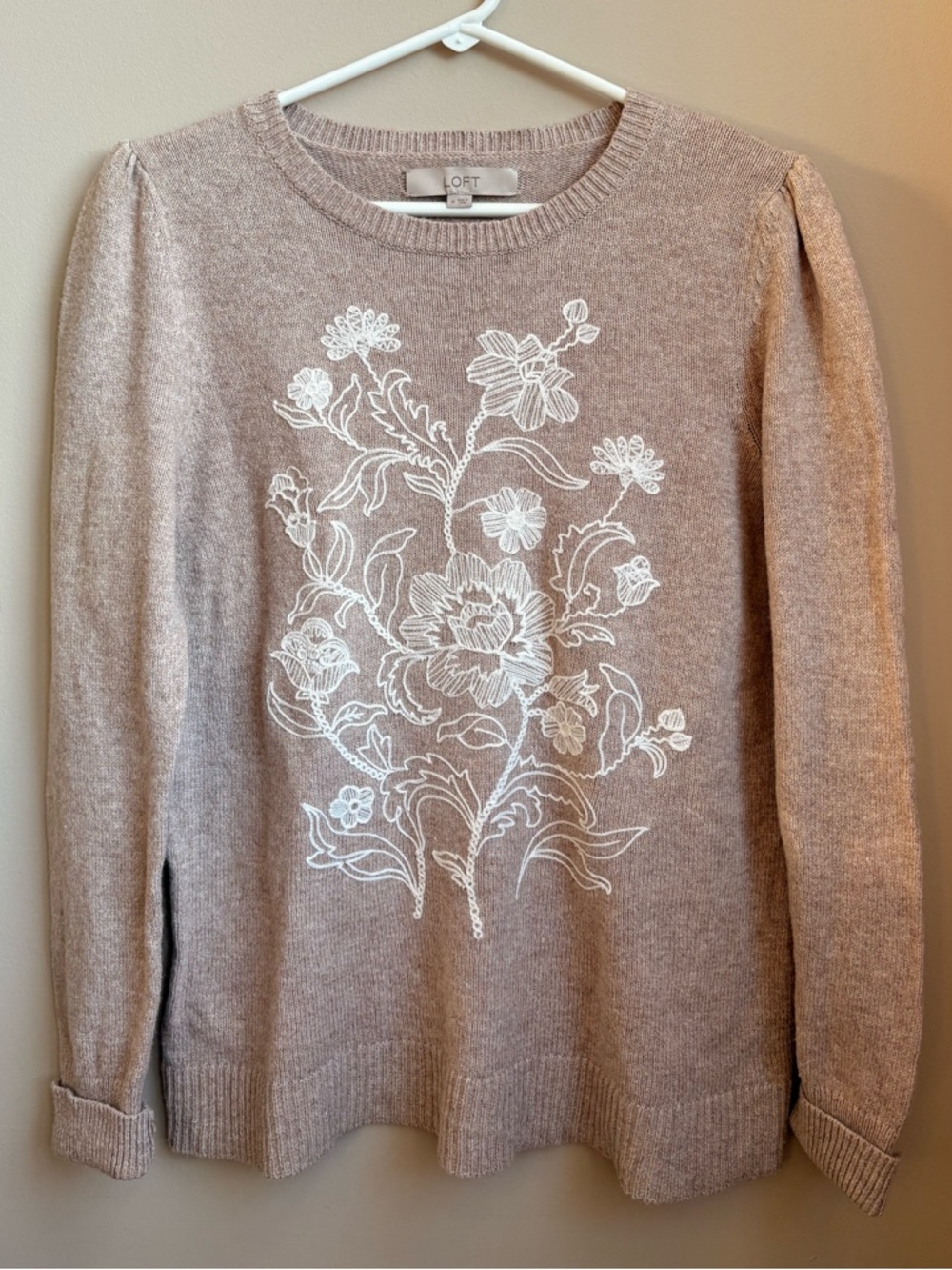 LOFT Cotton Blend Beige Sweater with White Floral Embroidery Size M